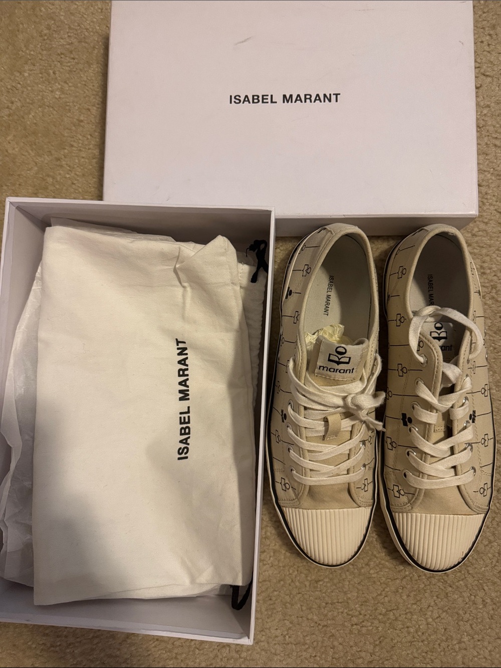 Isabel Marant Beige Canvas Logo Print Sneakers